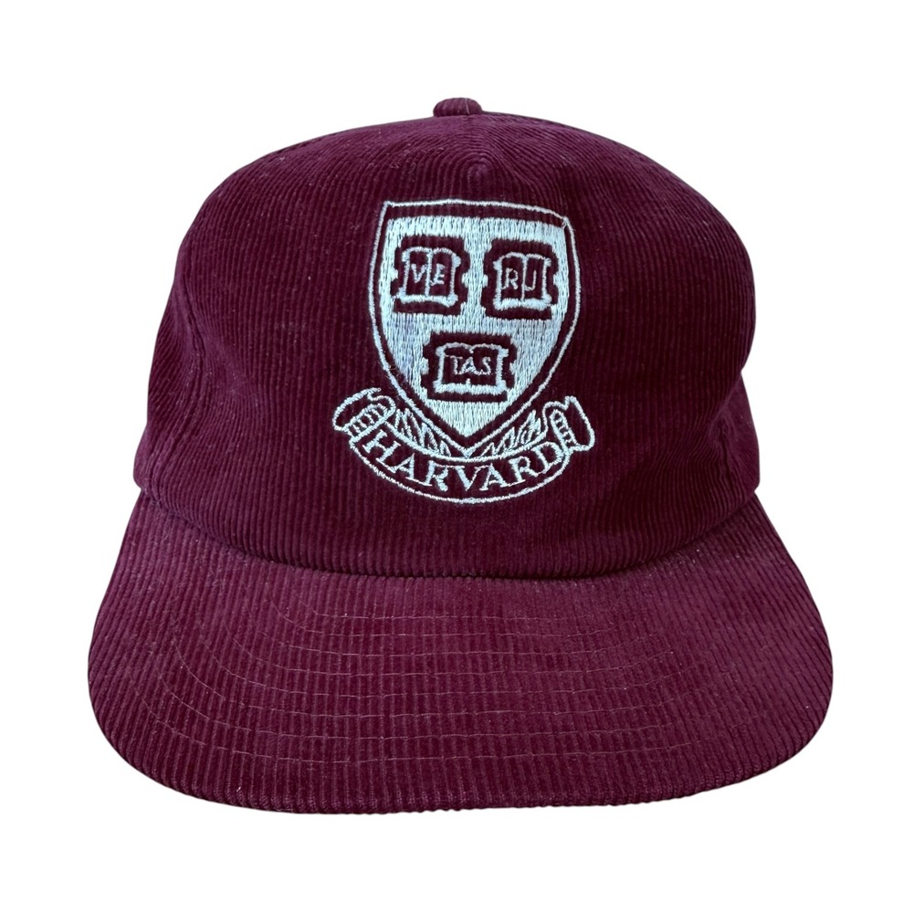 Harvard University Corduroy Snapback Hat Vtg 80s Crest Veritas OSFM Crimson Red